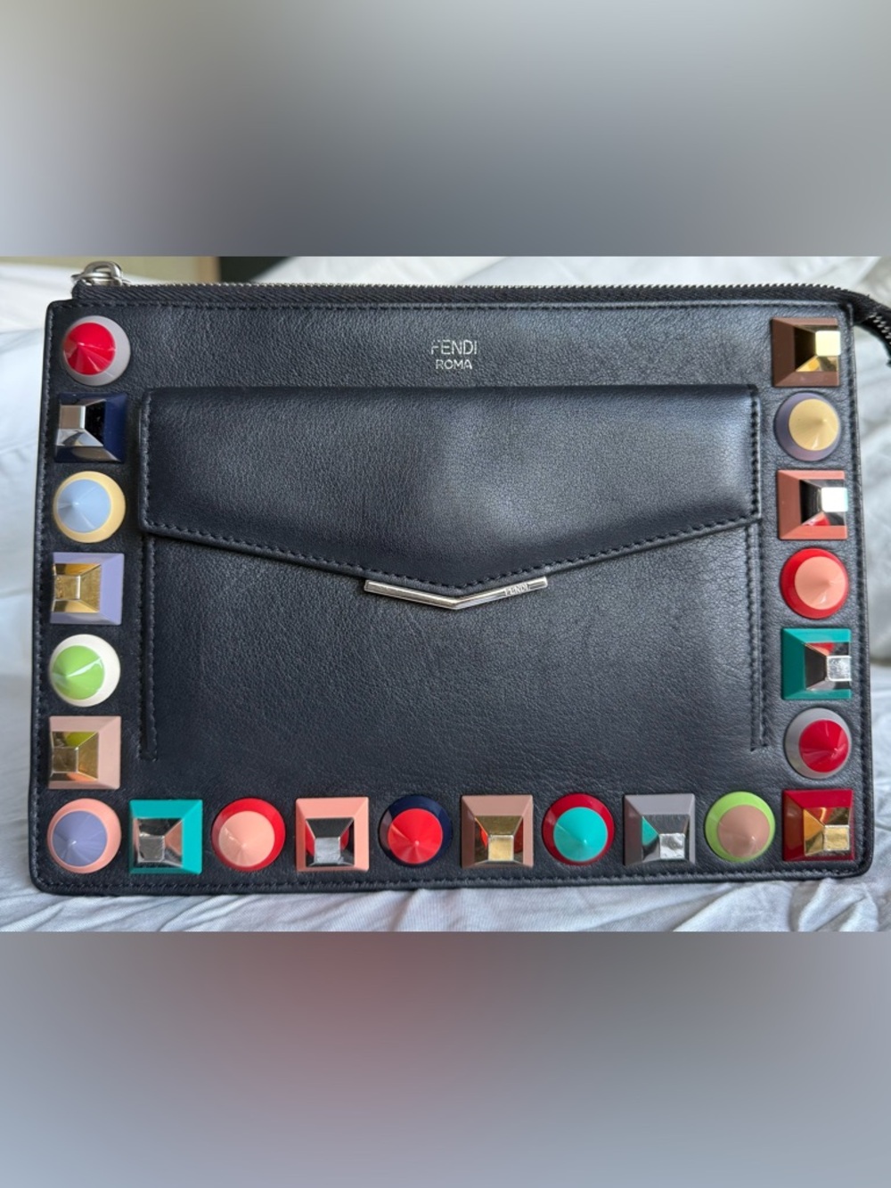 Fendi Black Leather Envelope Clutch with Multicolor Studs, dust bag golden strap